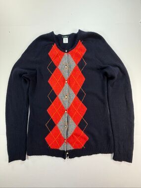 J.Crew Argyle Cardigan Sweater Large Merino Wool Angora Cashmere Navy Orange